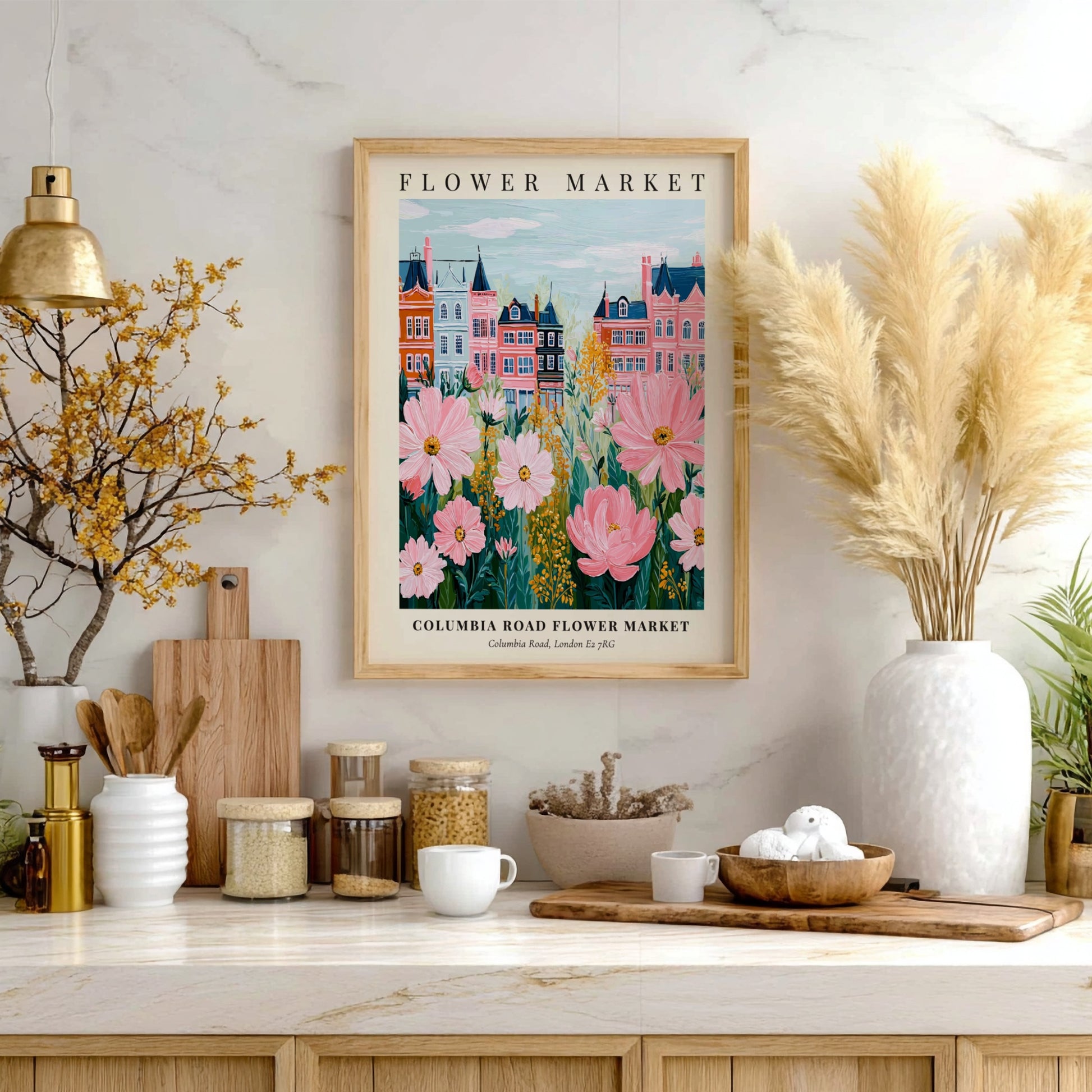 Columbia Road Flower Market print featuring pink flowers and colorful townhouses in a whimsical style
