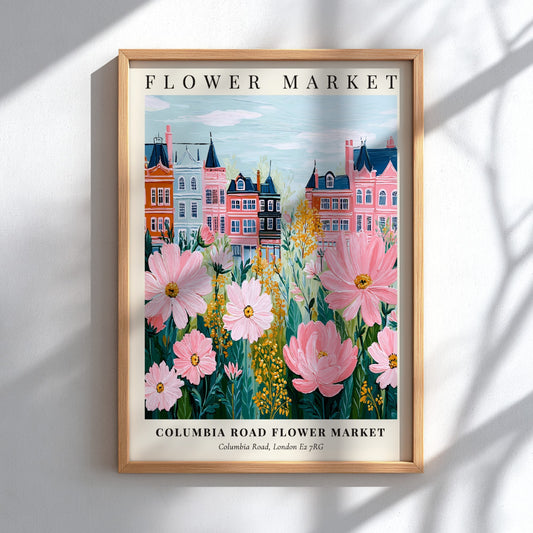 Columbia Road Flower Market print featuring pink flowers and colorful townhouses in a whimsical style