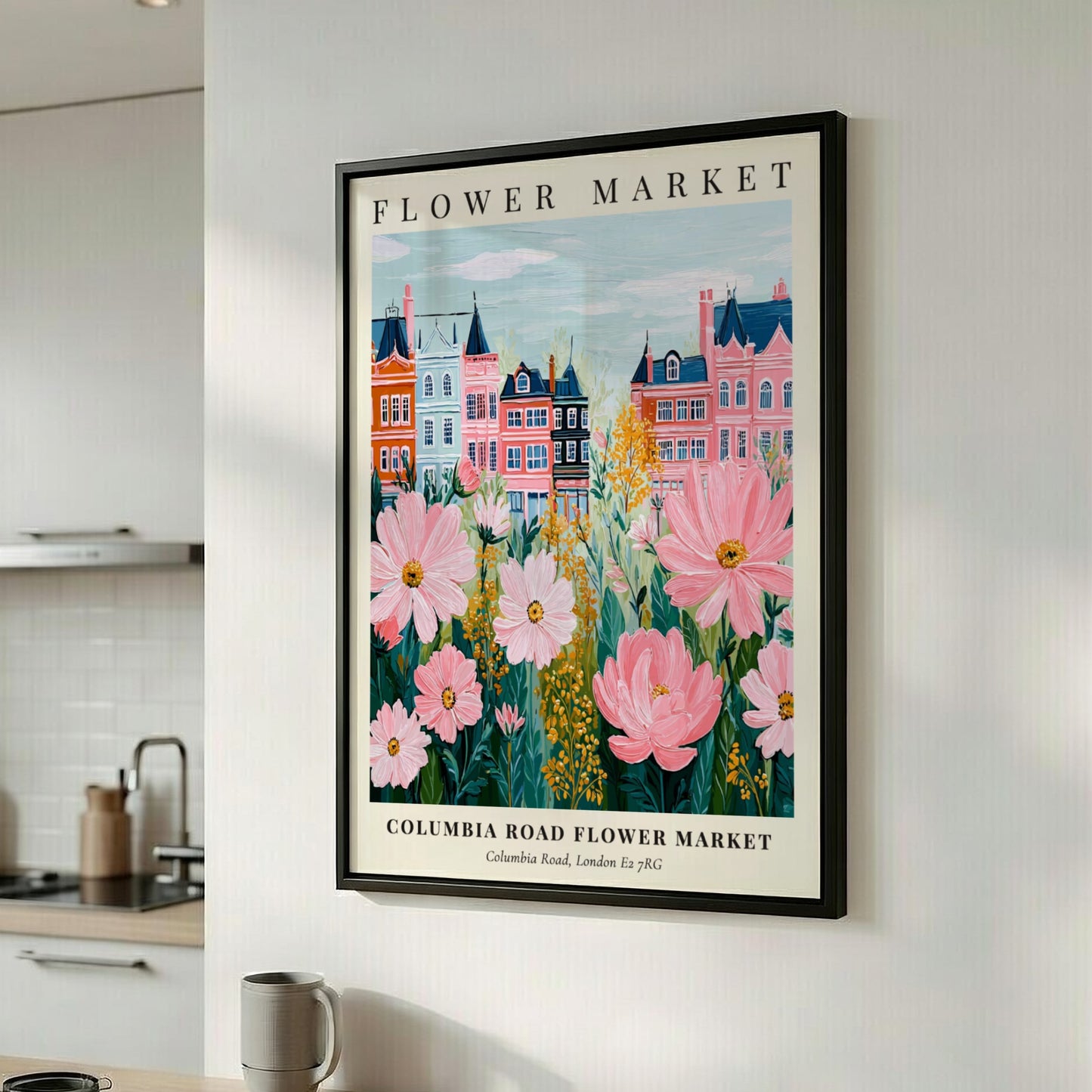 Columbia Road Flower Market print featuring pink flowers and colorful townhouses in a whimsical style