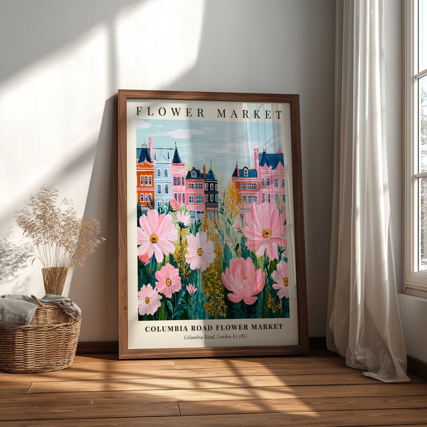Columbia Road Flower Market print featuring pink flowers and colorful townhouses in a whimsical style