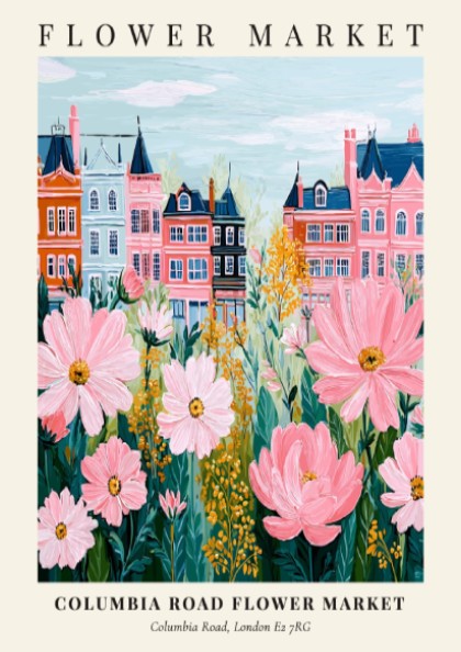 Columbia Road Flower Market print featuring pink flowers and colorful townhouses in a whimsical style