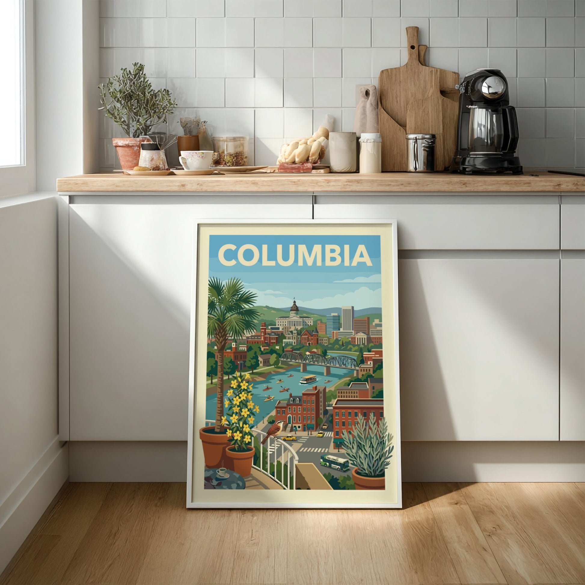 Vintage travel art print of the Columbia cityscape, featuring a river, bridge, and buildings in a warm color