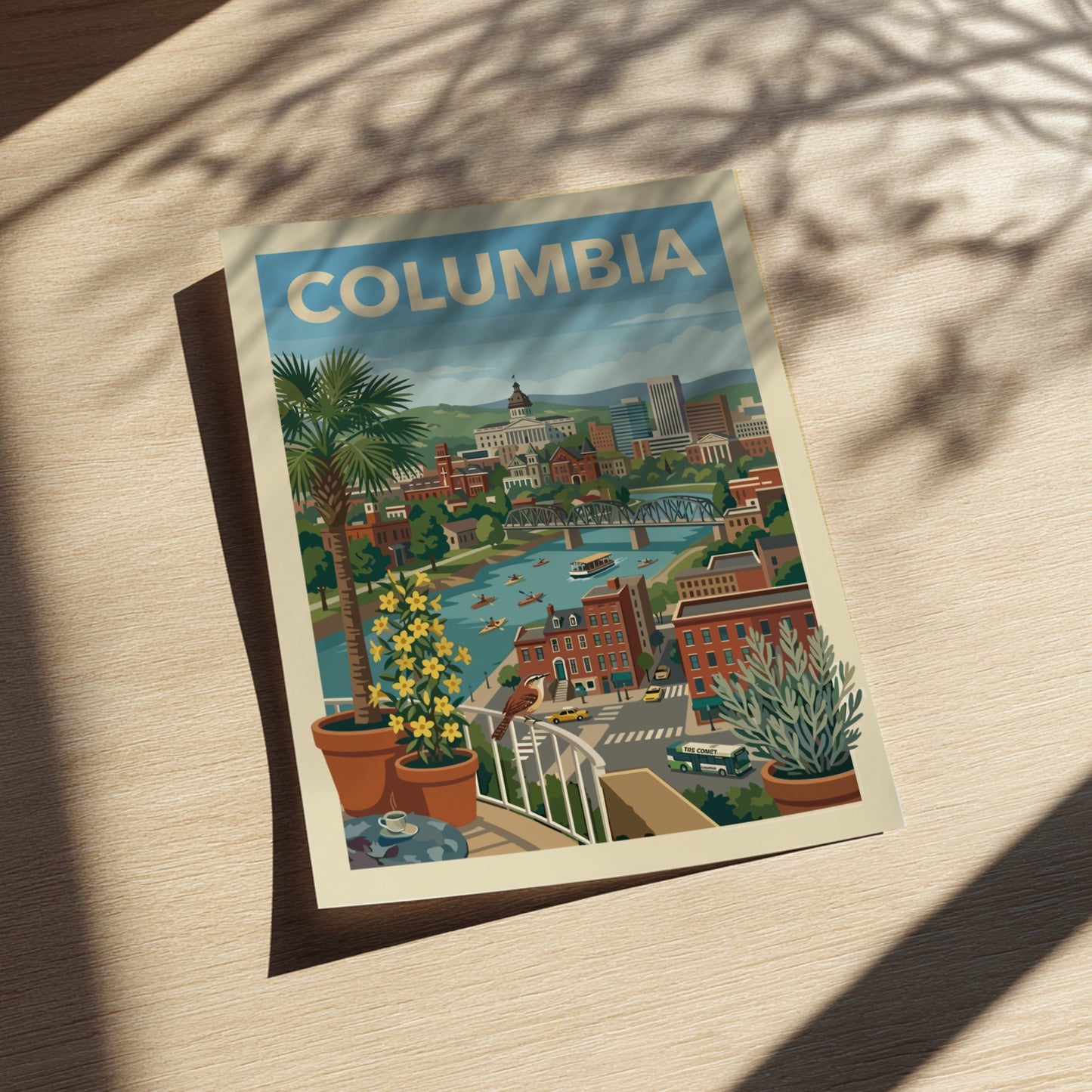Vintage travel art print of the Columbia cityscape, featuring a river, bridge, and buildings in a warm color