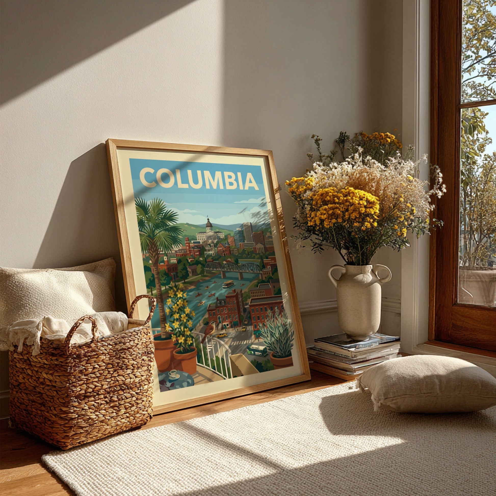 Vintage travel art print of the Columbia cityscape, featuring a river, bridge, and buildings in a warm color