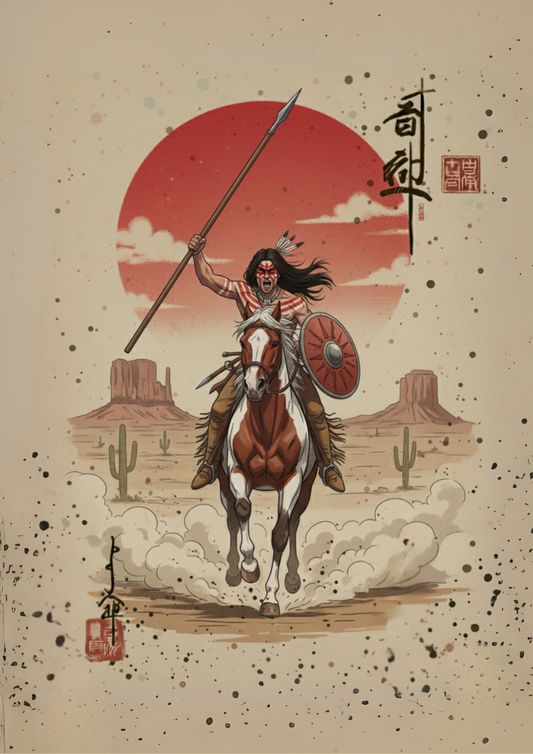 Warrior on horseback with spear and shield against a desert landscape with a red sun.