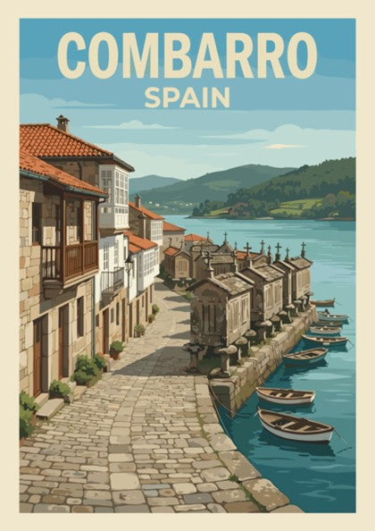 Travel poster of Combarro Spain featuring traditional stone houses and boats on water