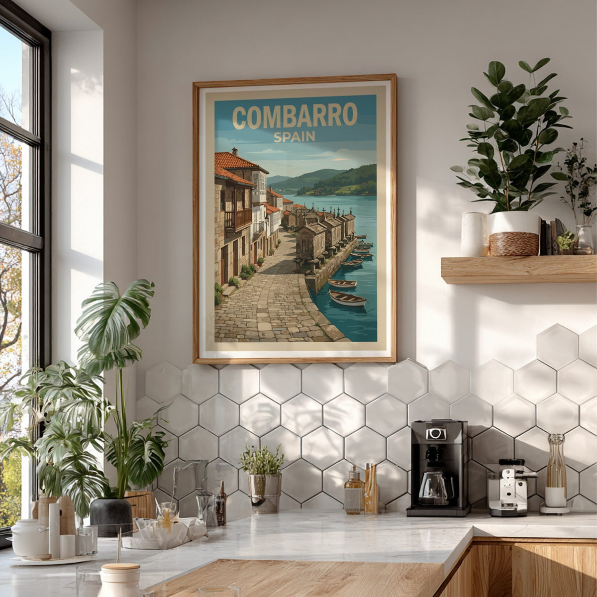 Travel poster of Combarro Spain featuring traditional stone houses and boats on water