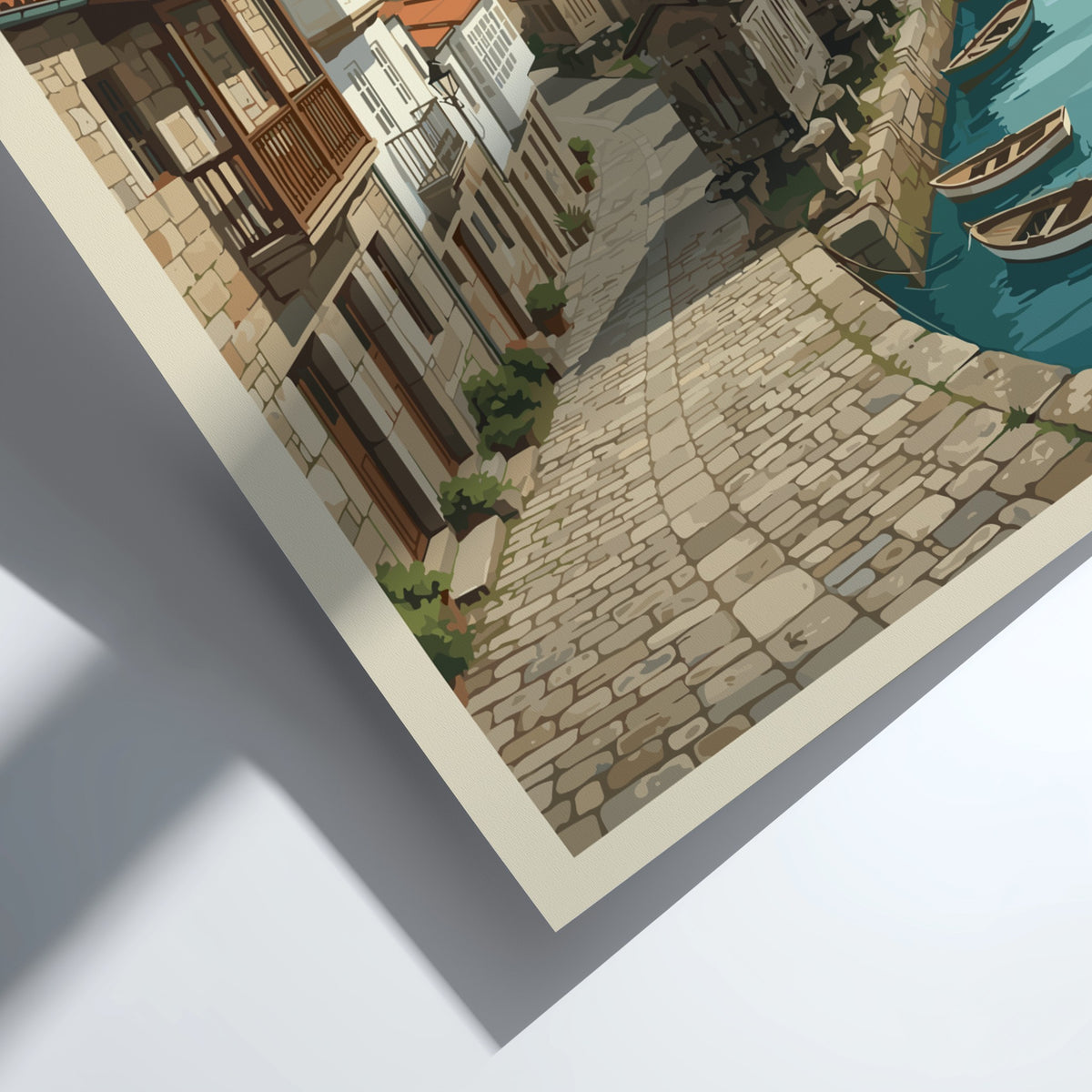 Travel poster of Combarro Spain featuring traditional stone houses and boats on water