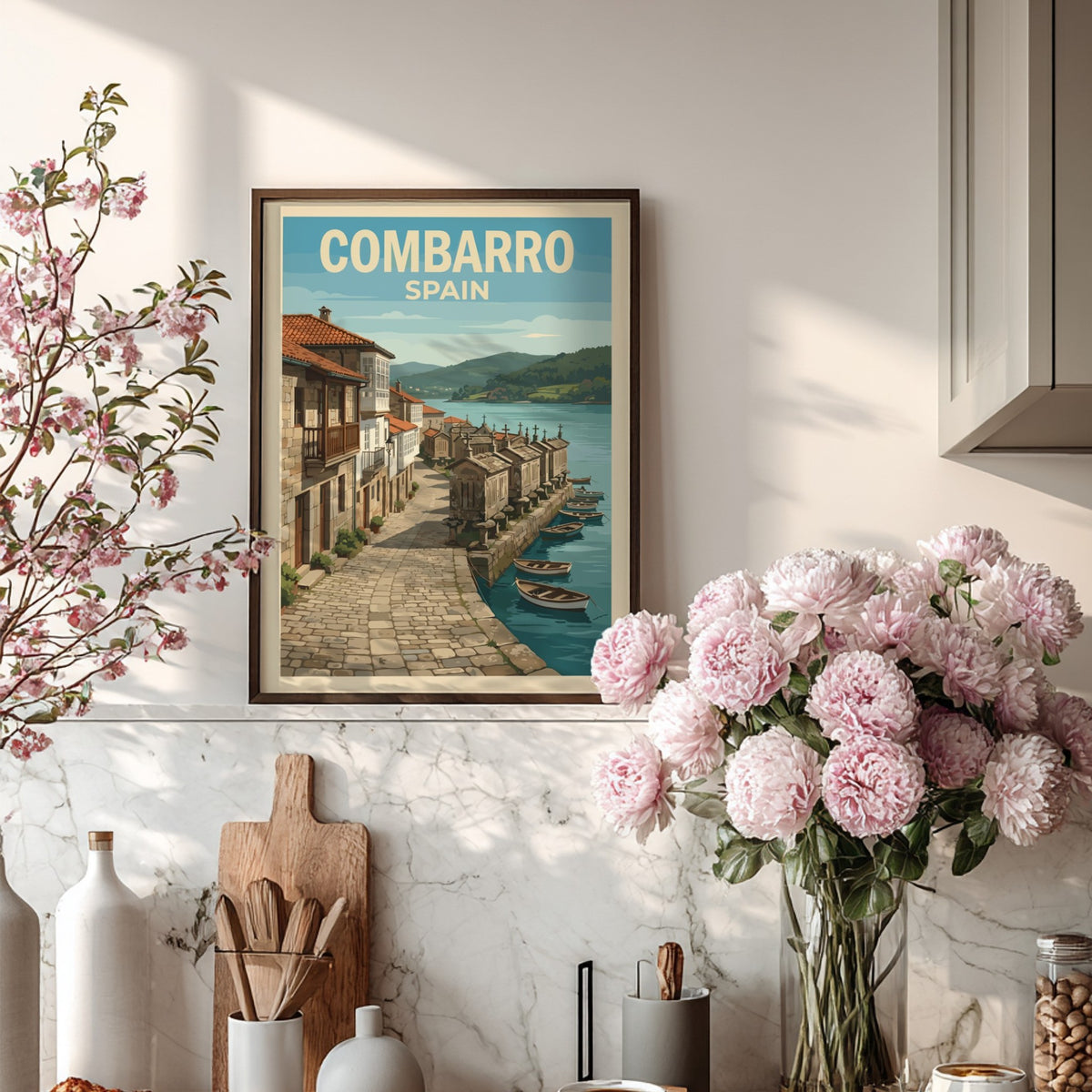Travel poster of Combarro Spain featuring traditional stone houses and boats on water