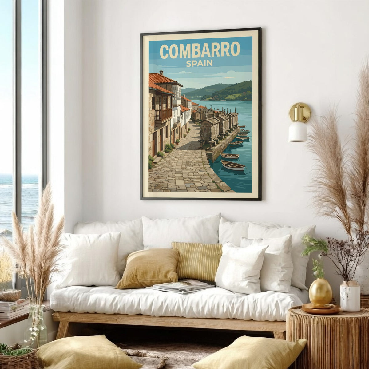 Travel poster of Combarro Spain featuring traditional stone houses and boats on water