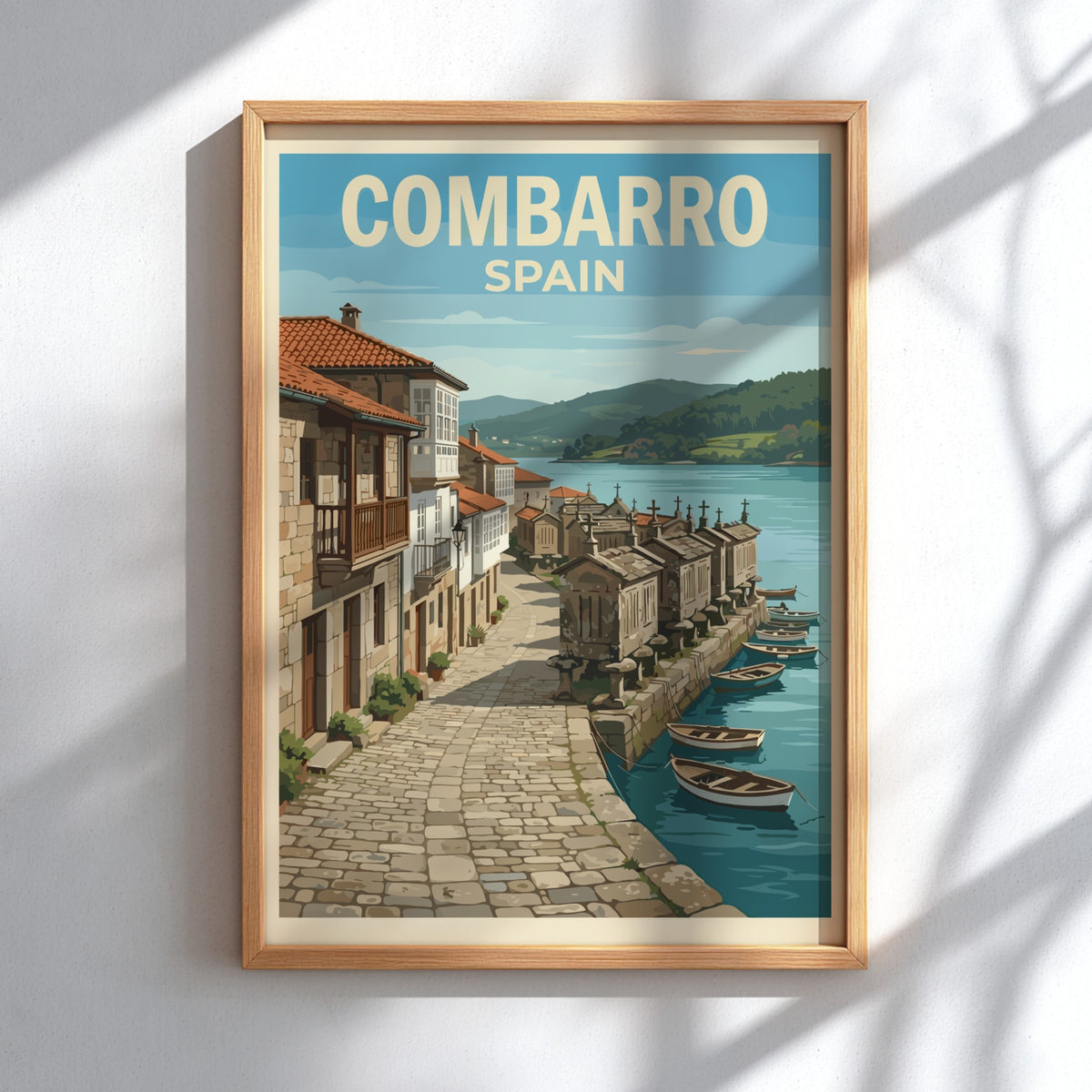 Travel poster of Combarro Spain featuring traditional stone houses and boats on water