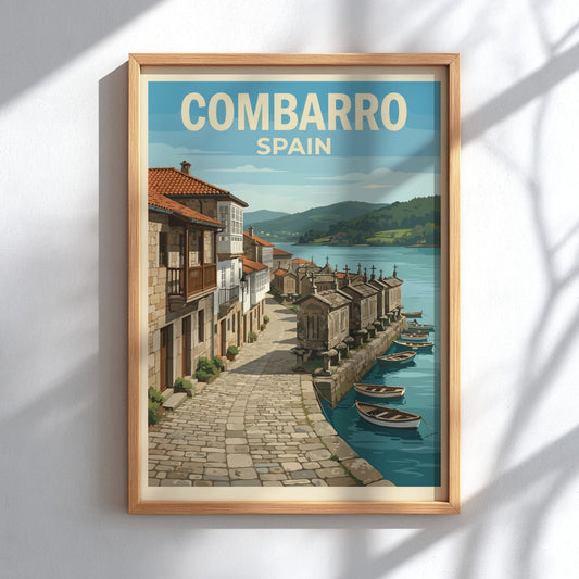 Travel poster of Combarro Spain featuring traditional stone houses and boats on water
