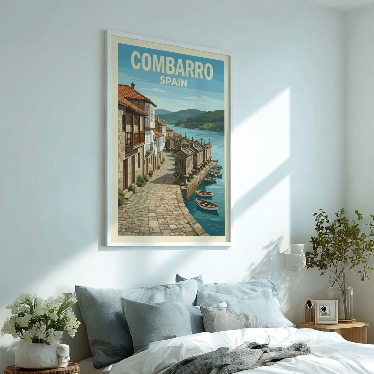 Travel poster of Combarro Spain featuring traditional stone houses and boats on water