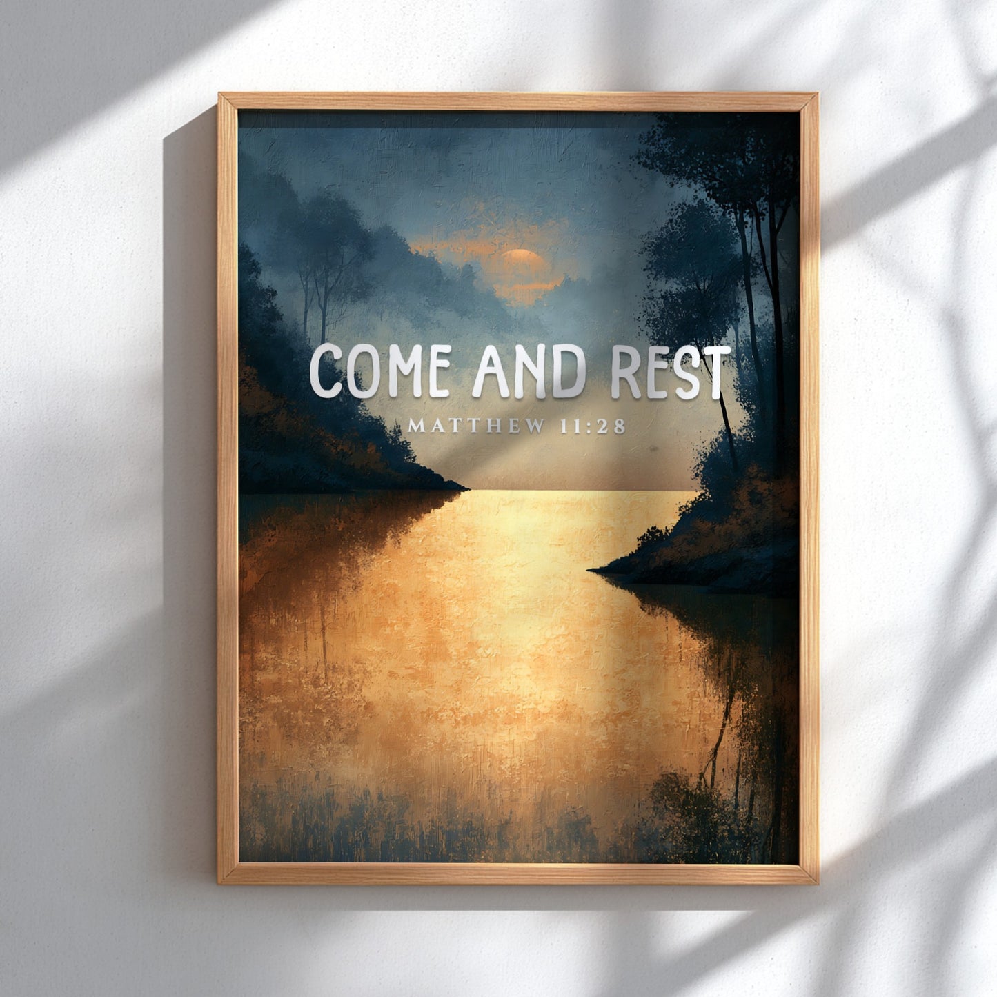Inspirational poster featuring a tranquil landscape with golden reflections, inspired by Matthew 11:28.