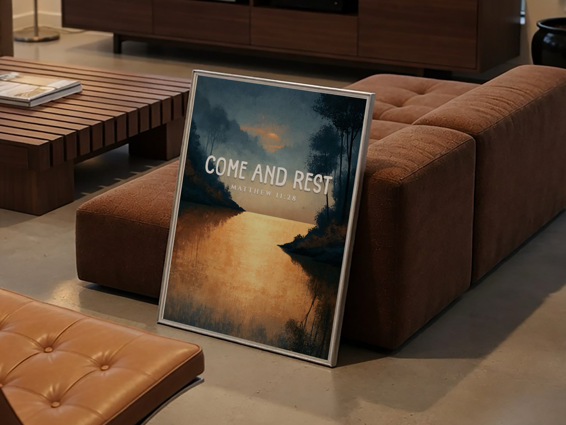 Inspirational poster featuring a tranquil landscape with golden reflections, inspired by Matthew 11:28.