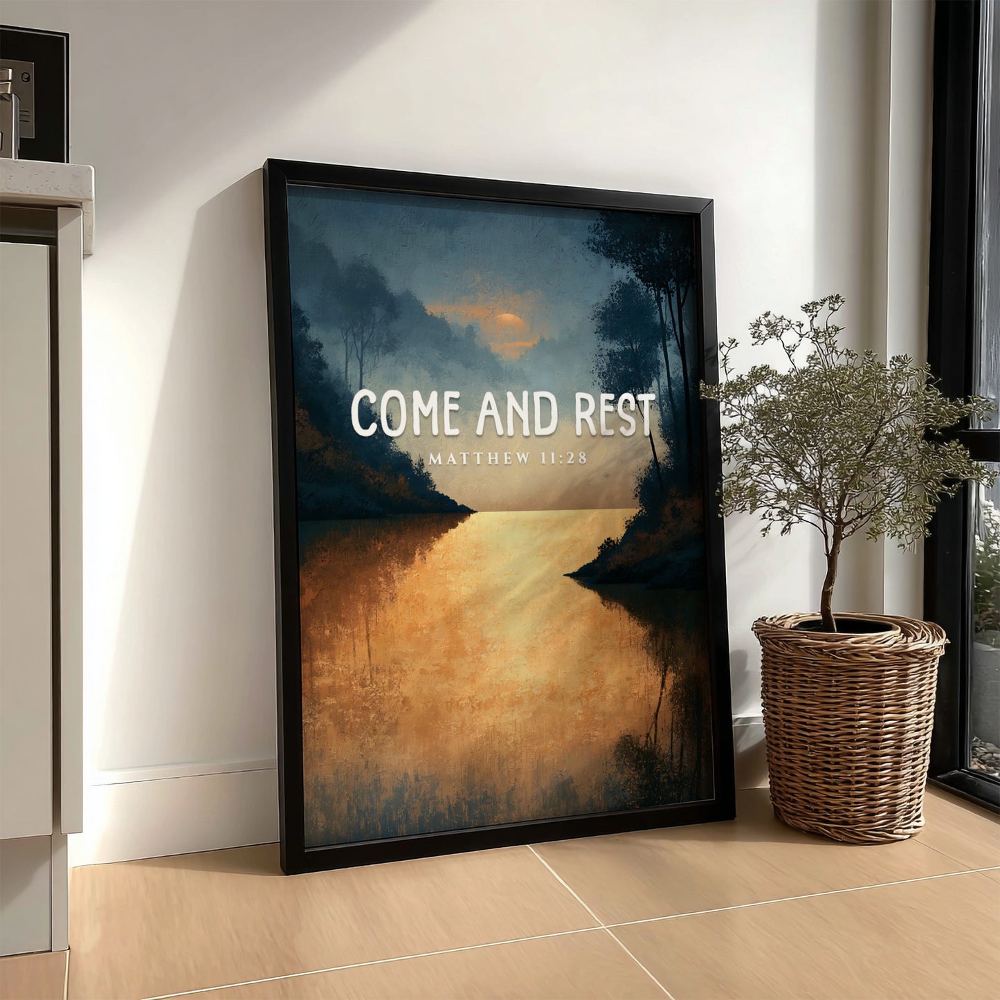 Inspirational poster featuring a tranquil landscape with golden reflections, inspired by Matthew 11:28.