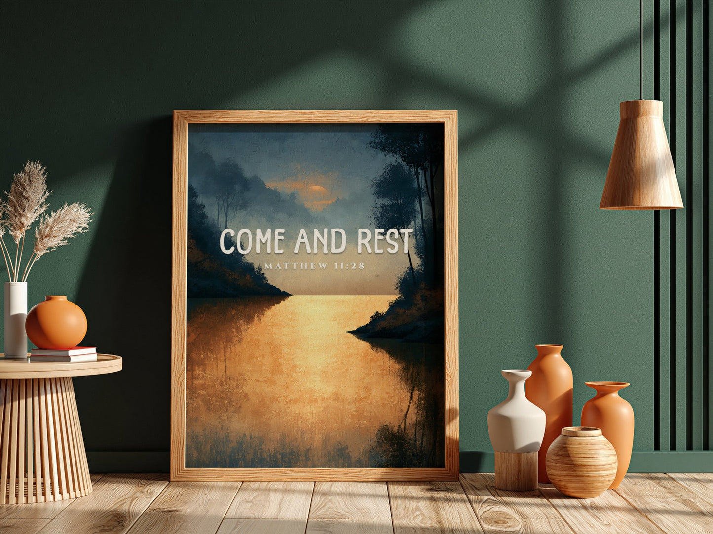 Inspirational poster featuring a tranquil landscape with golden reflections, inspired by Matthew 11:28.