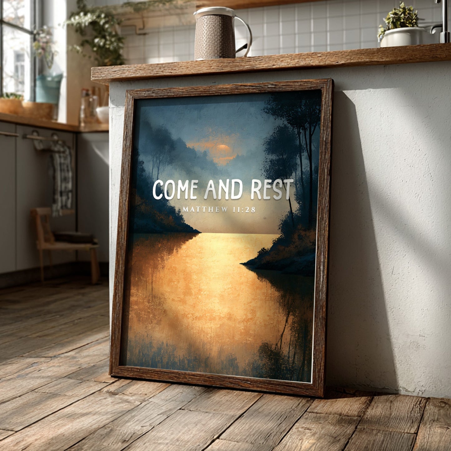 Inspirational poster featuring a tranquil landscape with golden reflections, inspired by Matthew 11:28.