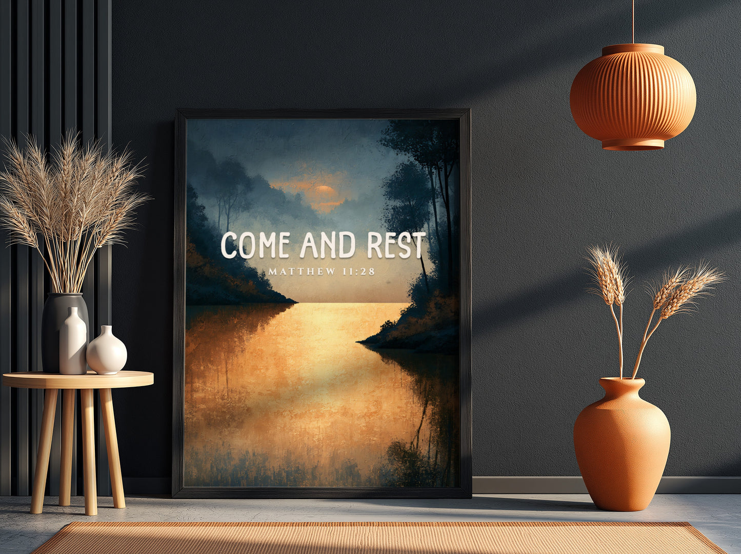 Inspirational poster featuring a tranquil landscape with golden reflections, inspired by Matthew 11:28.