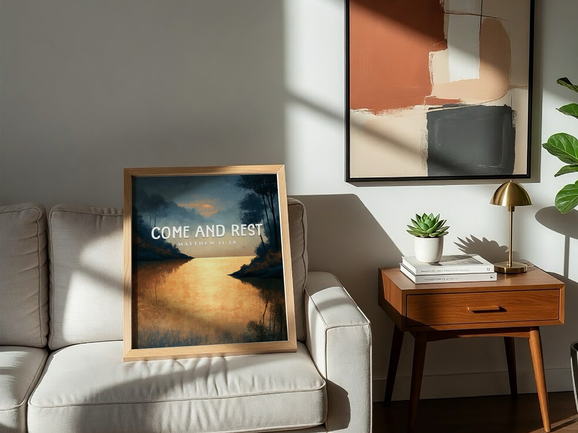Inspirational poster featuring a tranquil landscape with golden reflections, inspired by Matthew 11:28.
