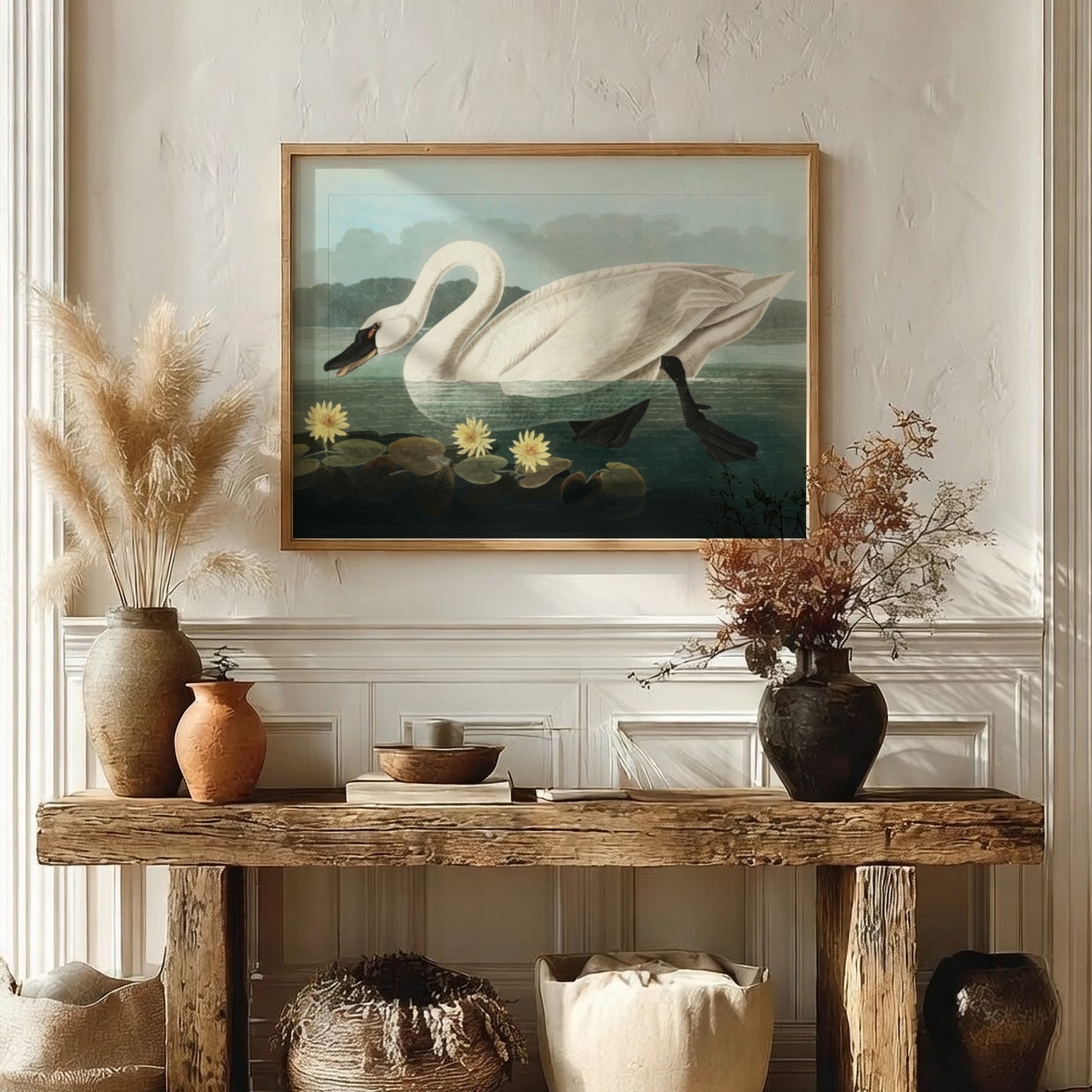 Common American Swan poster featuring elegant white swan and serene water scene, nature art print for wall