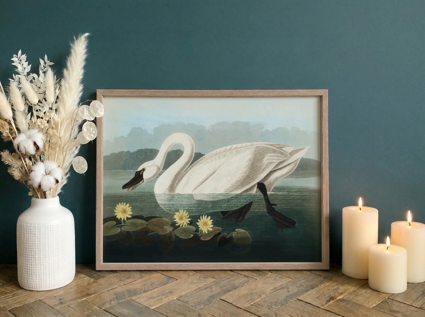 Common American Swan poster featuring elegant white swan and serene water scene, nature art print for wall