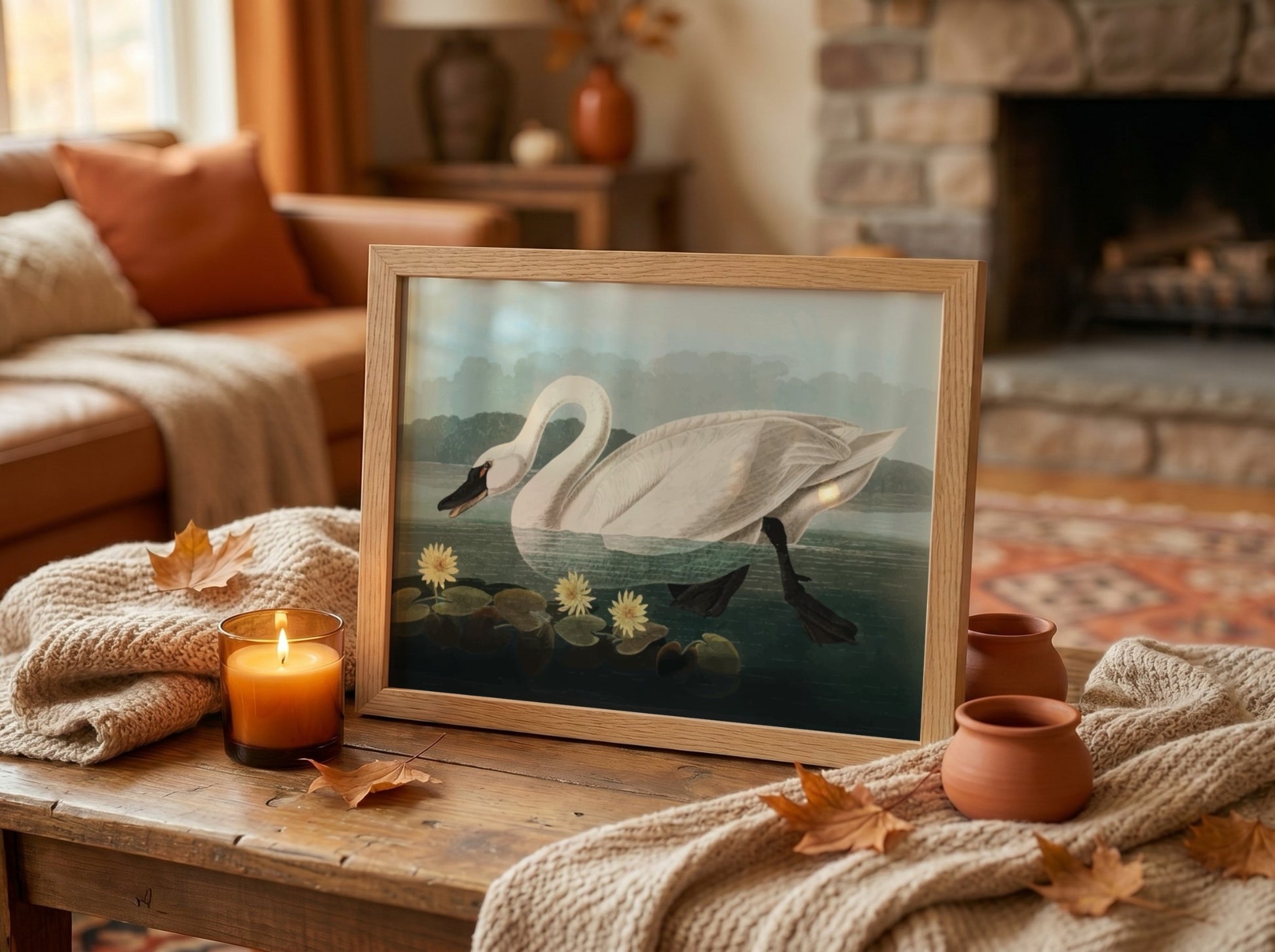 Common American Swan poster featuring elegant white swan and serene water scene, nature art print for wall