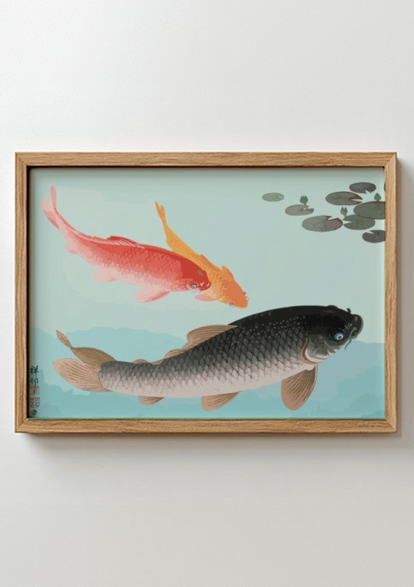 Vintage Japanese art print of Common and Golden Carp by Ohara Koson, featuring coral and golden fish on a