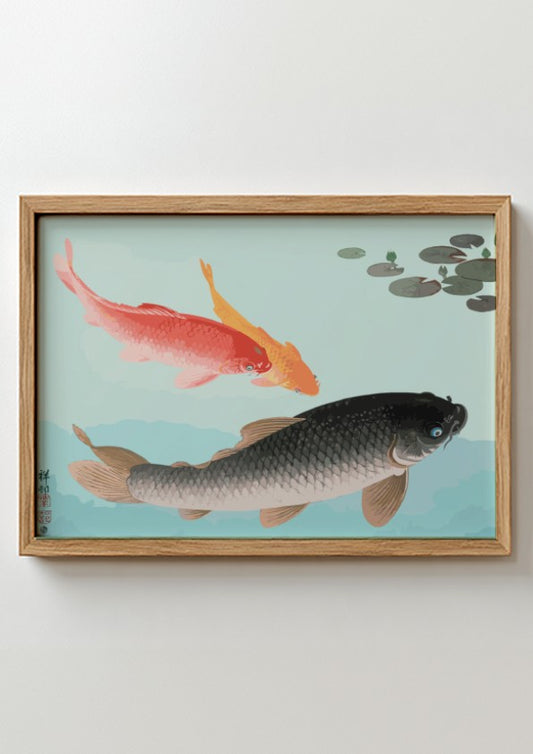 Vintage Japanese art print of Common and Golden Carp by Ohara Koson, featuring coral and golden fish on a