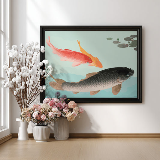 Vintage Japanese art print of Common and Golden Carp by Ohara Koson, featuring coral and golden fish on a