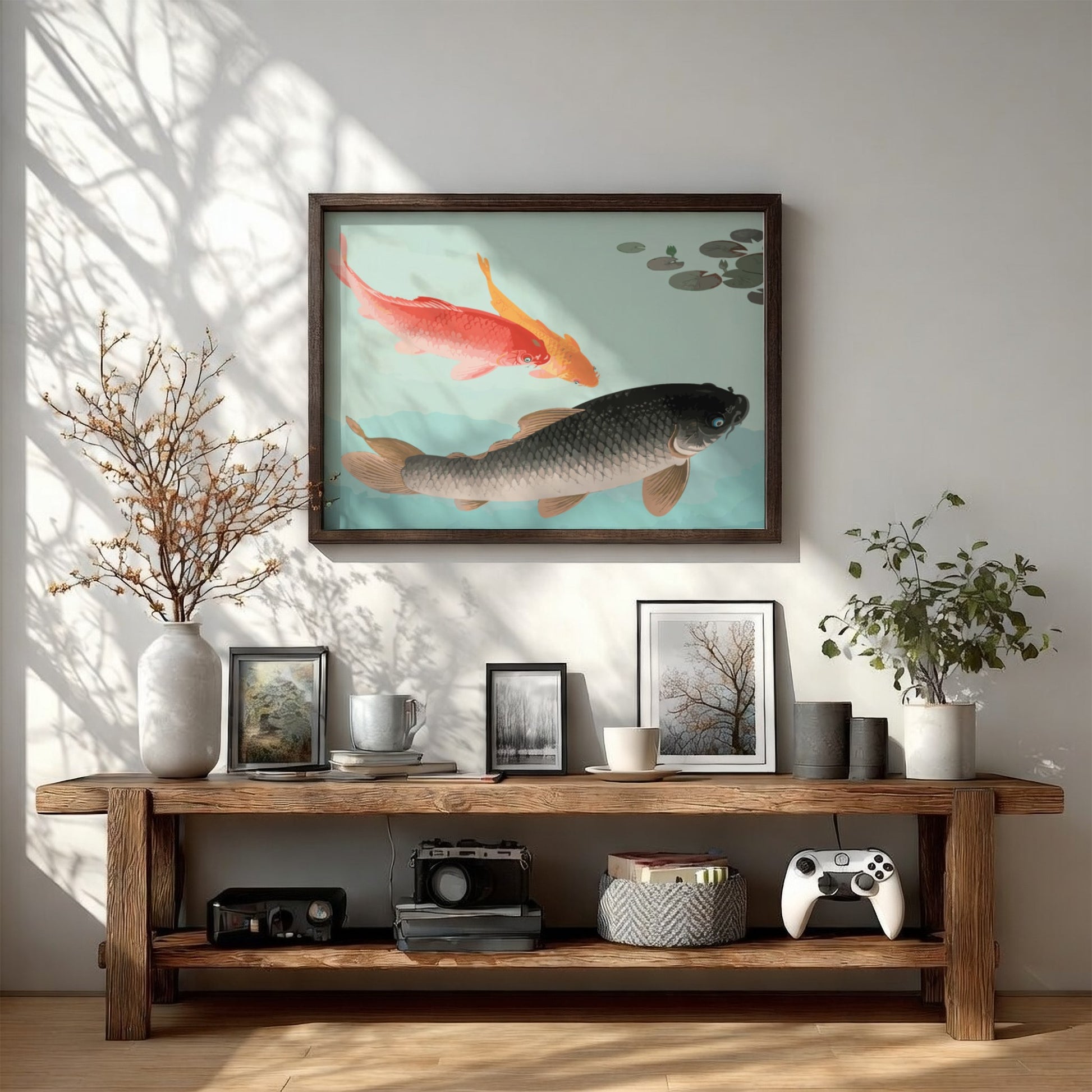 Vintage Japanese art print of Common and Golden Carp by Ohara Koson, featuring coral and golden fish on a