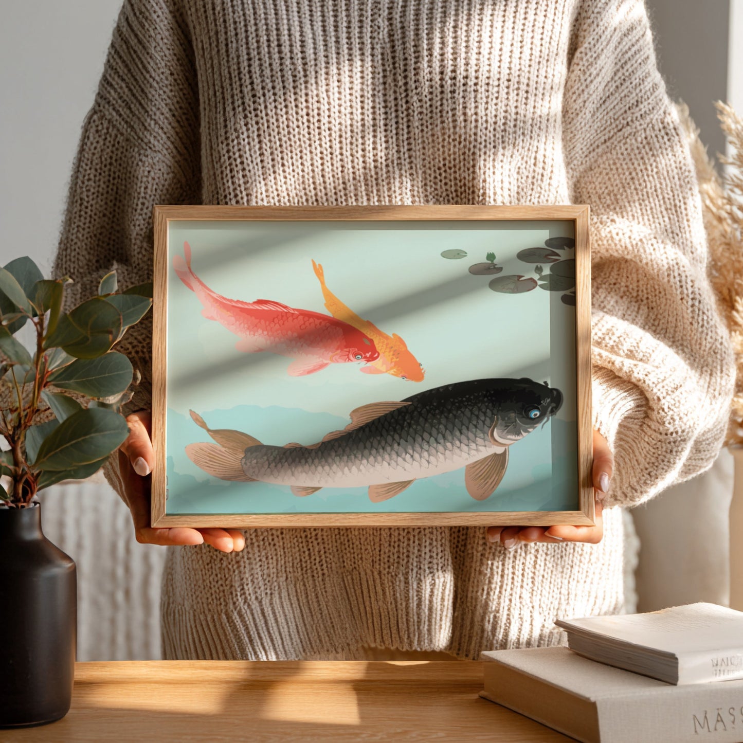 Vintage Japanese art print of Common and Golden Carp by Ohara Koson, featuring coral and golden fish on a