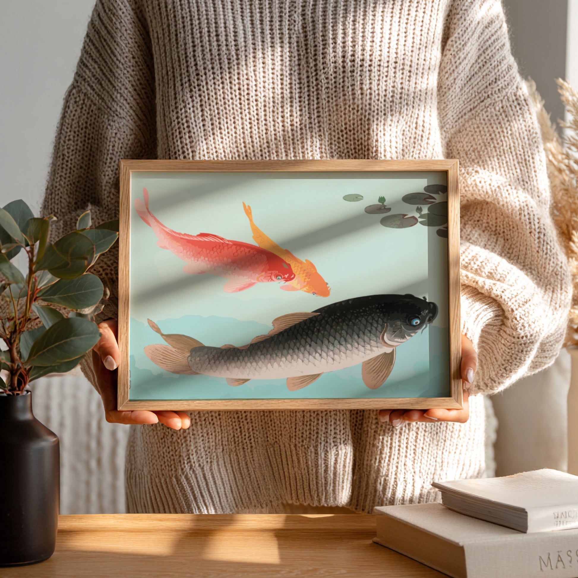Vintage Japanese art print of Common and Golden Carp by Ohara Koson, featuring coral and golden fish on a