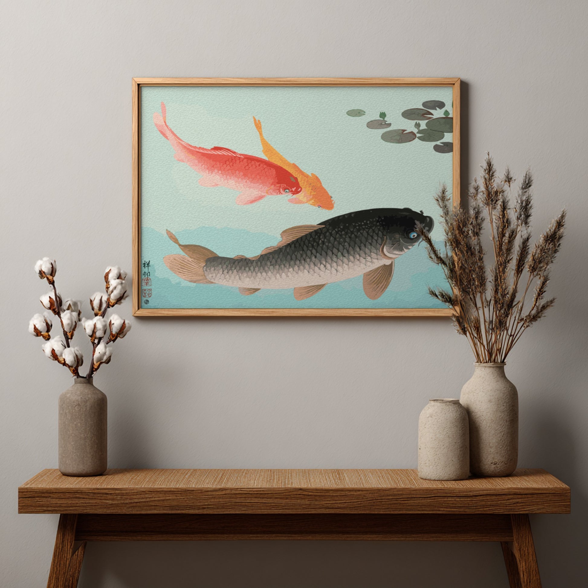 Vintage Japanese art print of Common and Golden Carp by Ohara Koson, featuring coral and golden fish on a