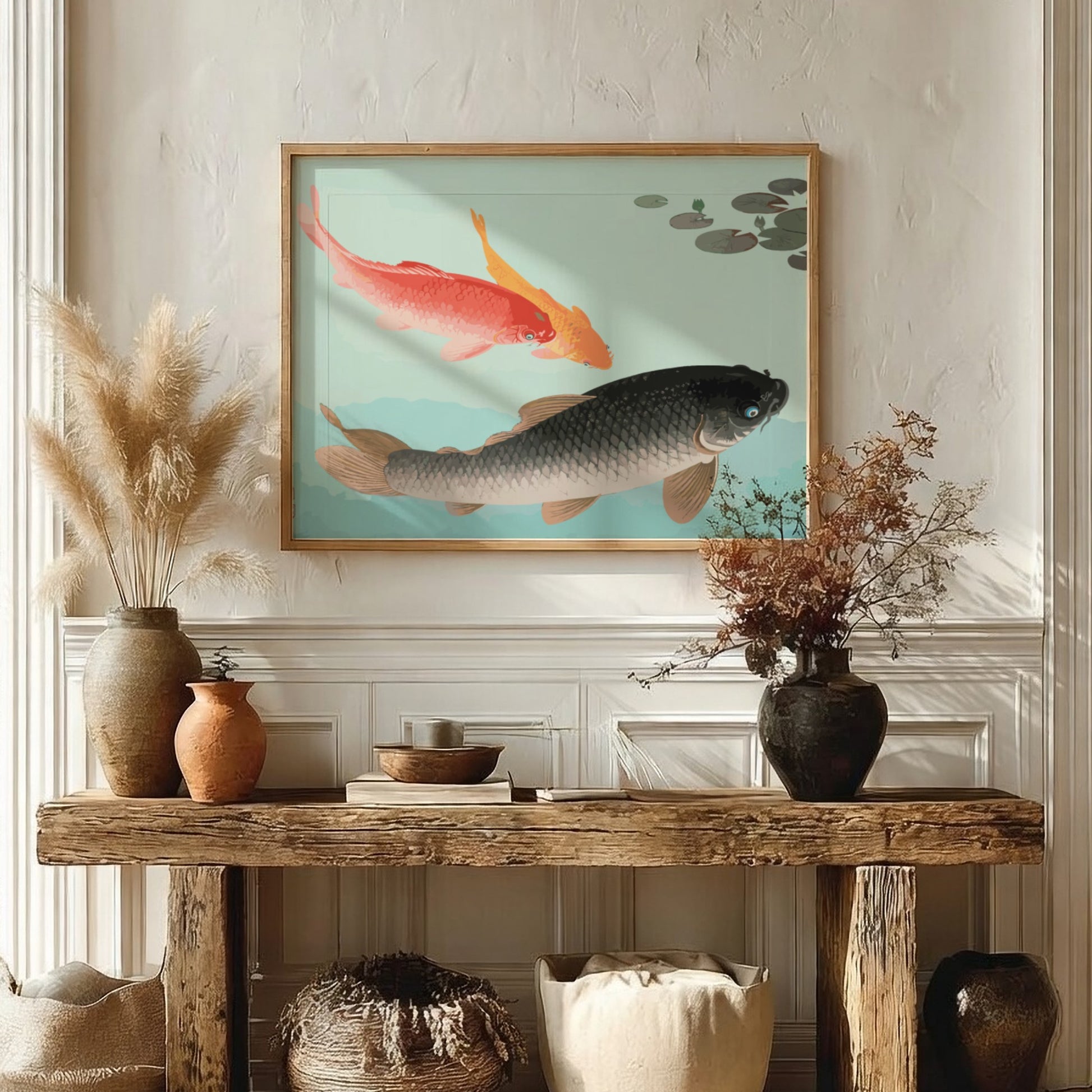 Vintage Japanese art print of Common and Golden Carp by Ohara Koson, featuring coral and golden fish on a