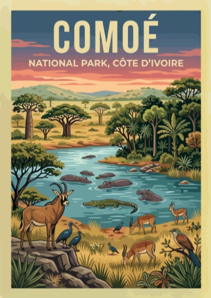 Comoé National Park poster featuring vibrant wildlife and lush landscape in earthy tones