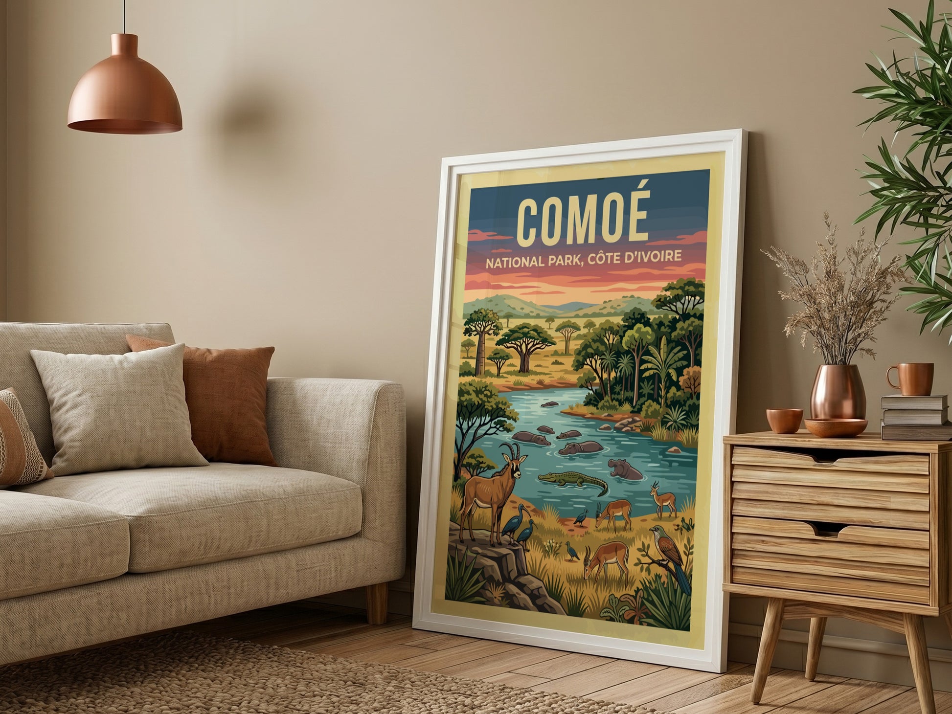 Comoé National Park poster featuring vibrant wildlife and lush landscape in earthy tones