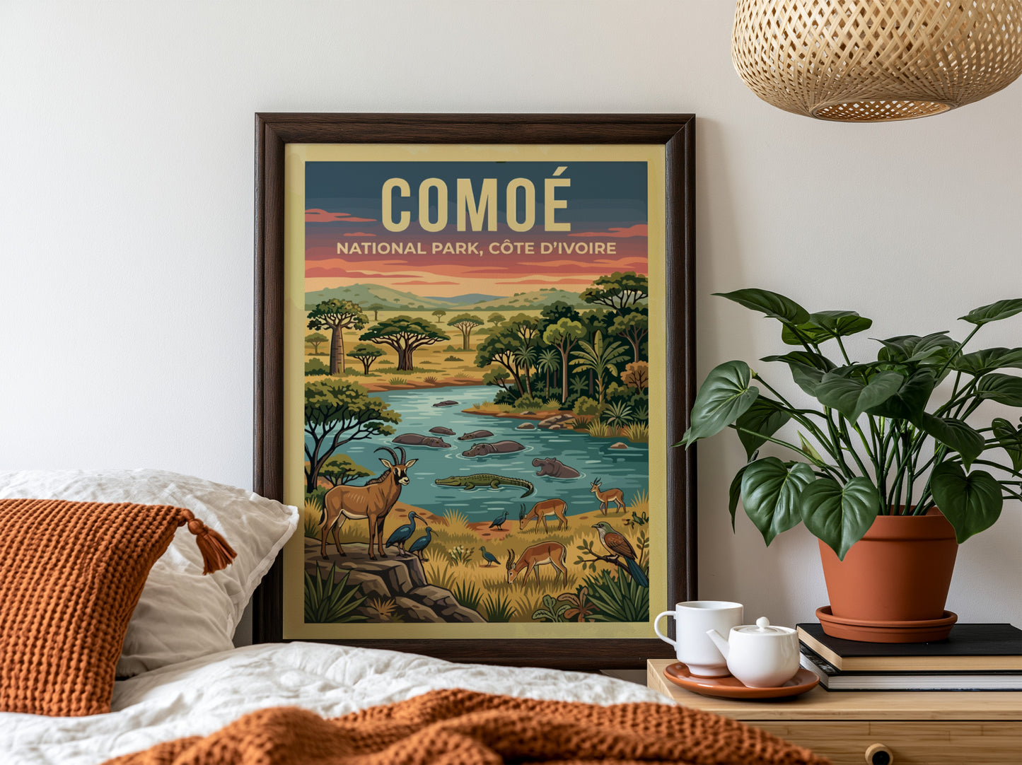 Comoé National Park poster featuring vibrant wildlife and lush landscape in earthy tones