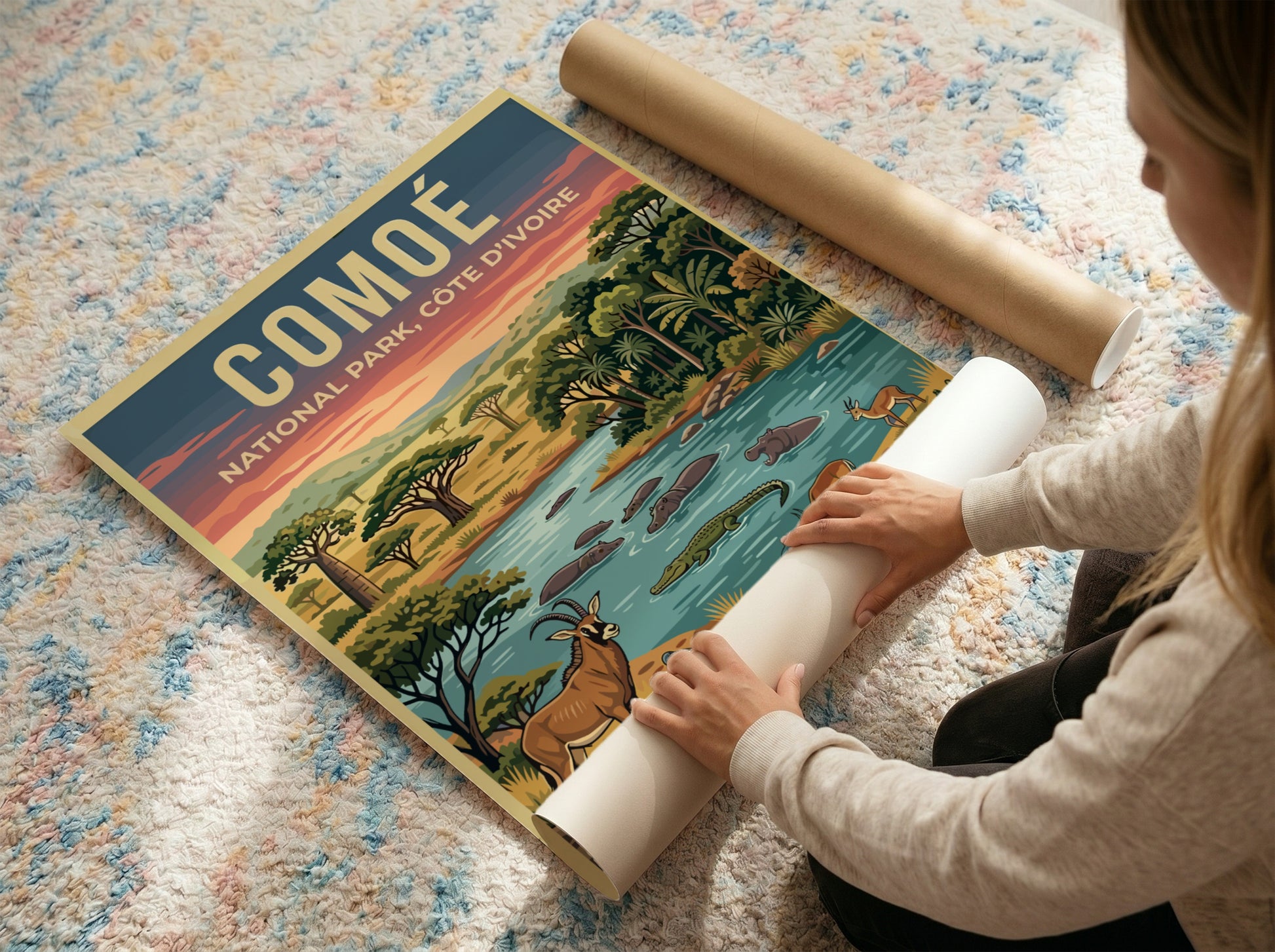 Comoé National Park poster featuring vibrant wildlife and lush landscape in earthy tones