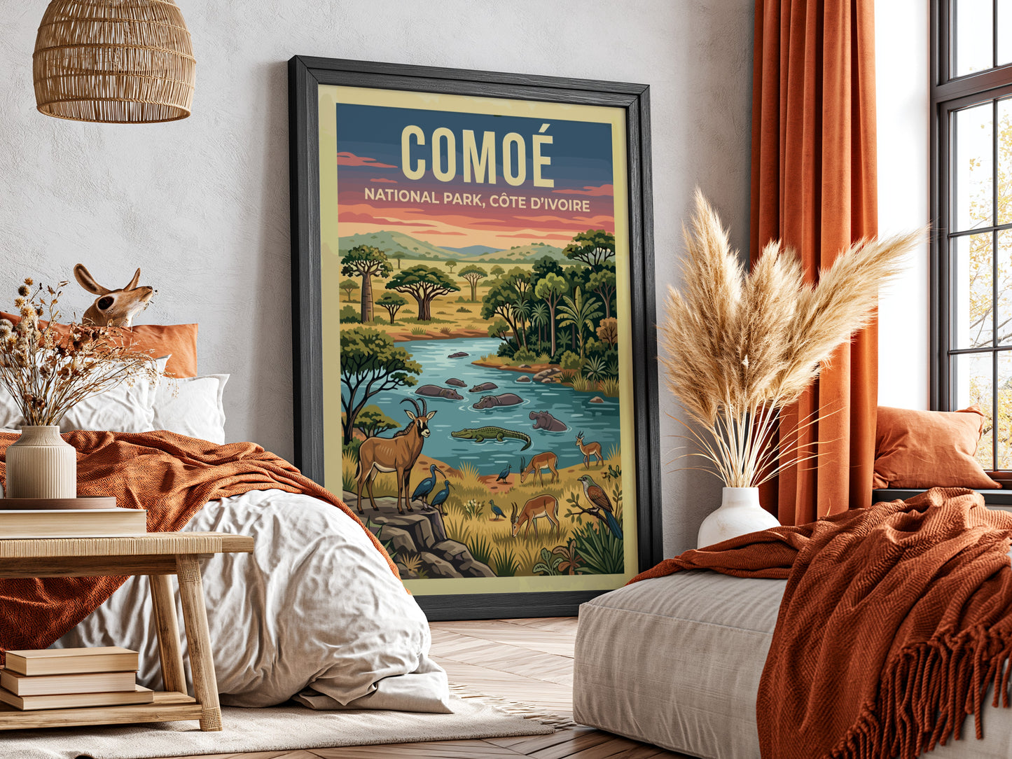 Comoé National Park poster featuring vibrant wildlife and lush landscape in earthy tones