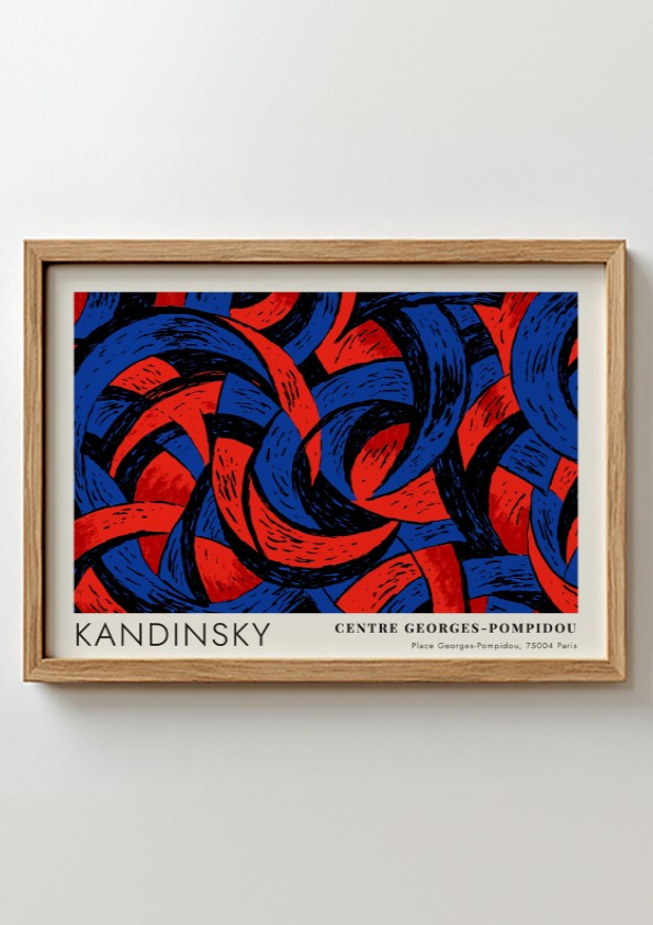 Wall art poster featuring Kandinsky abstract shapes in deep blue and red tones.