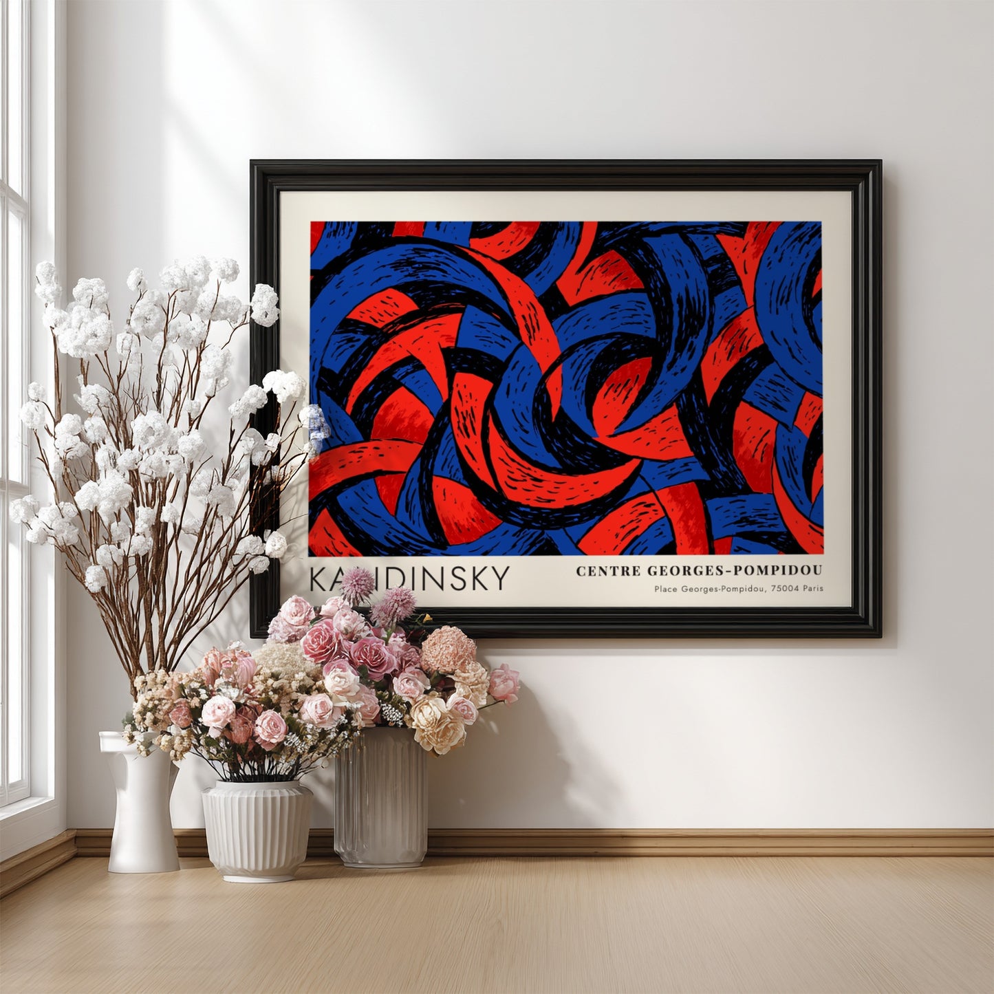 Wall art poster featuring Kandinsky abstract shapes in deep blue and red tones.