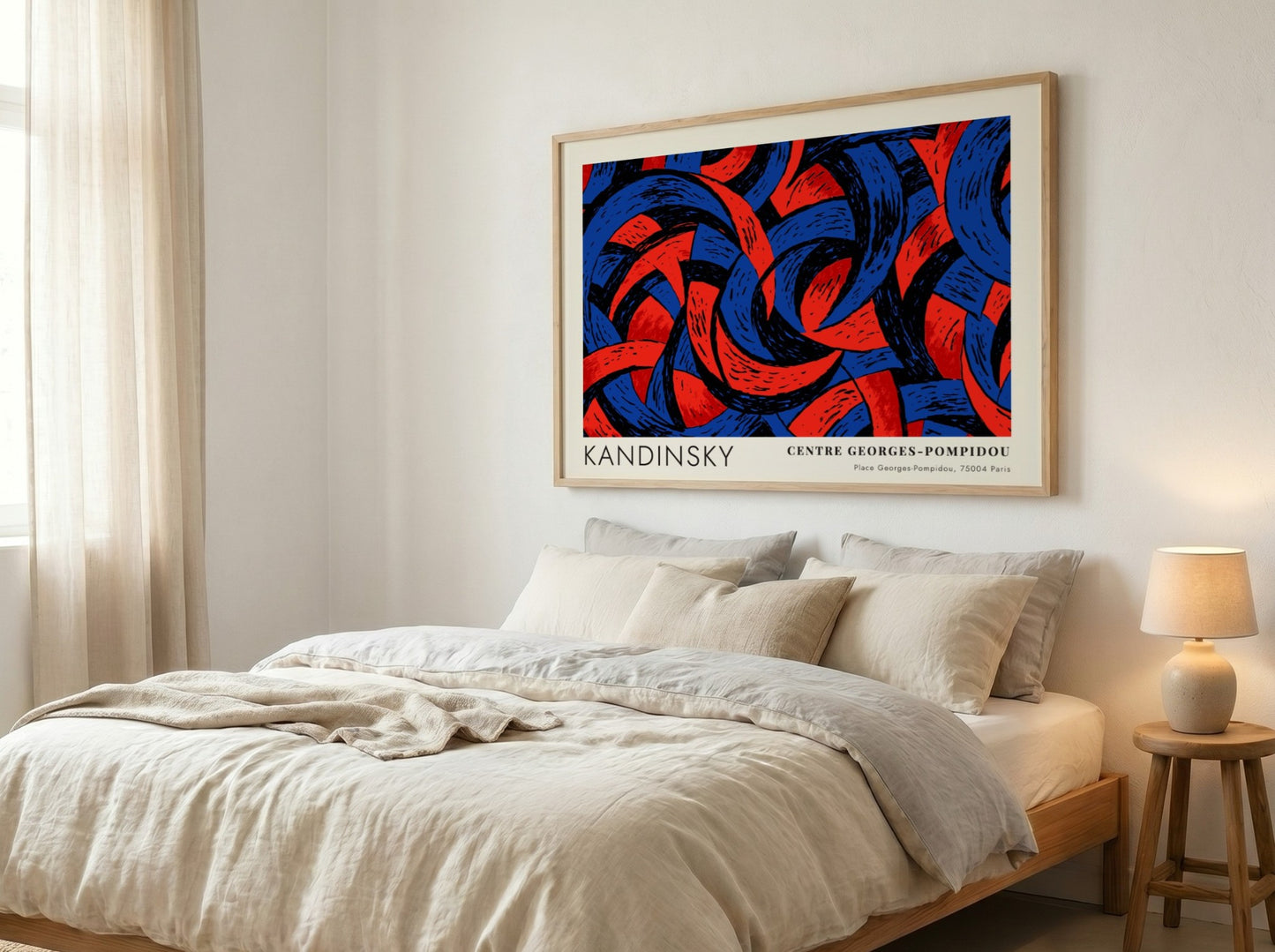 Wall art poster featuring Kandinsky abstract shapes in deep blue and red tones.