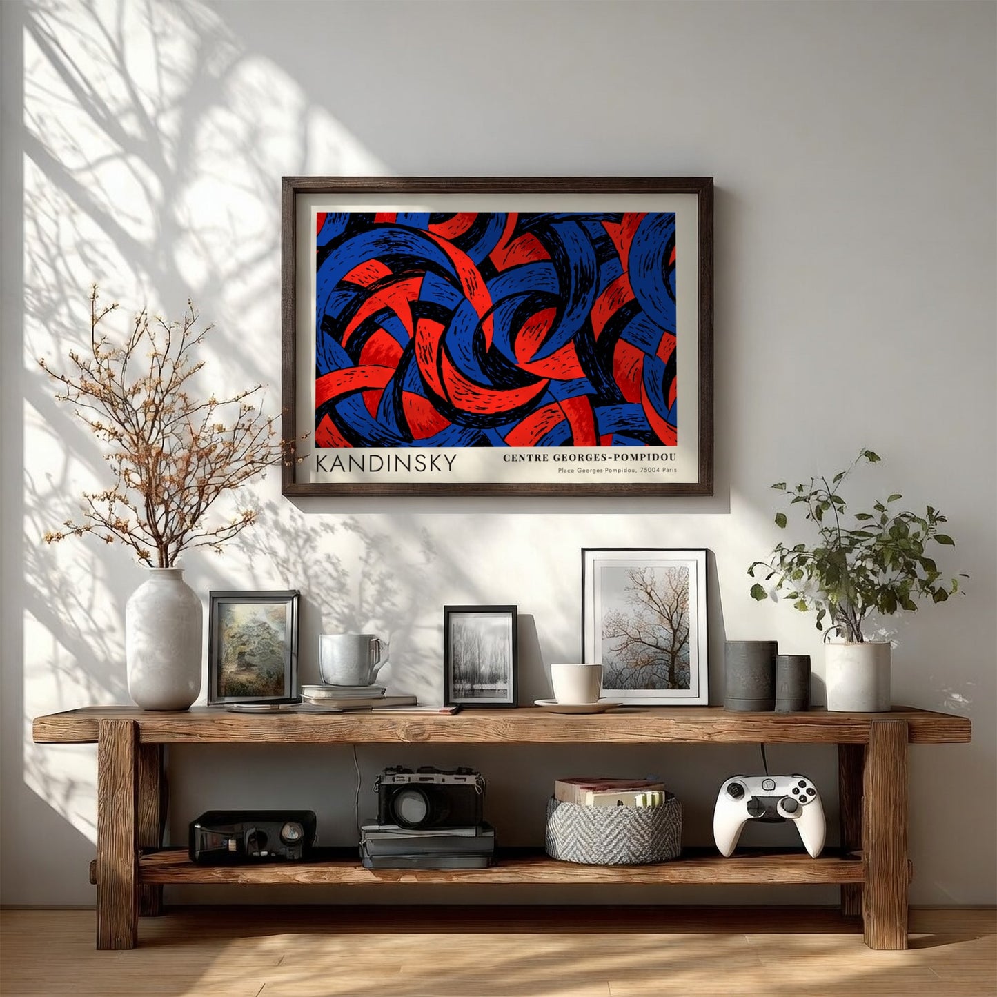 Wall art poster featuring Kandinsky abstract shapes in deep blue and red tones.