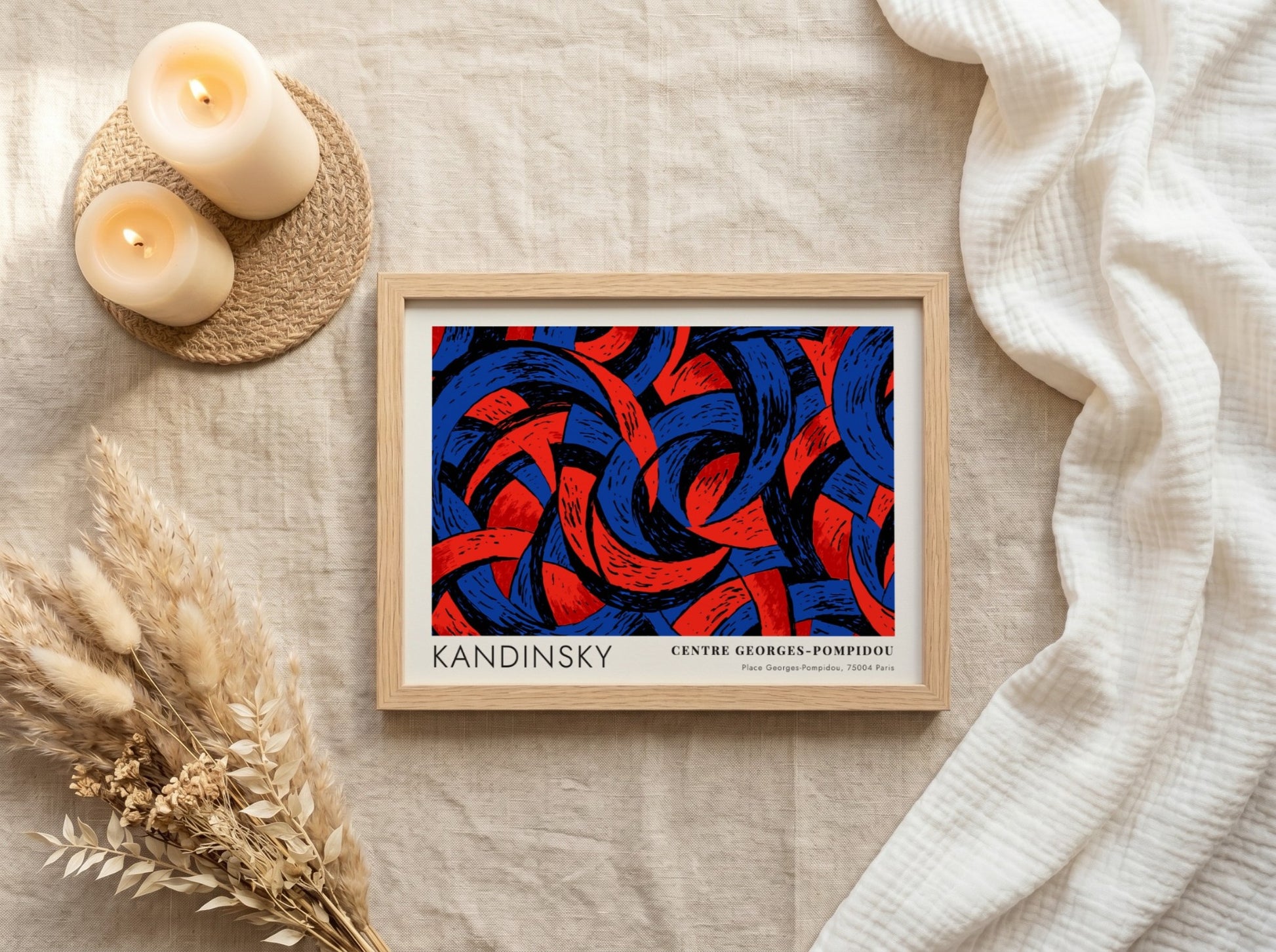 Wall art poster featuring Kandinsky abstract shapes in deep blue and red tones.