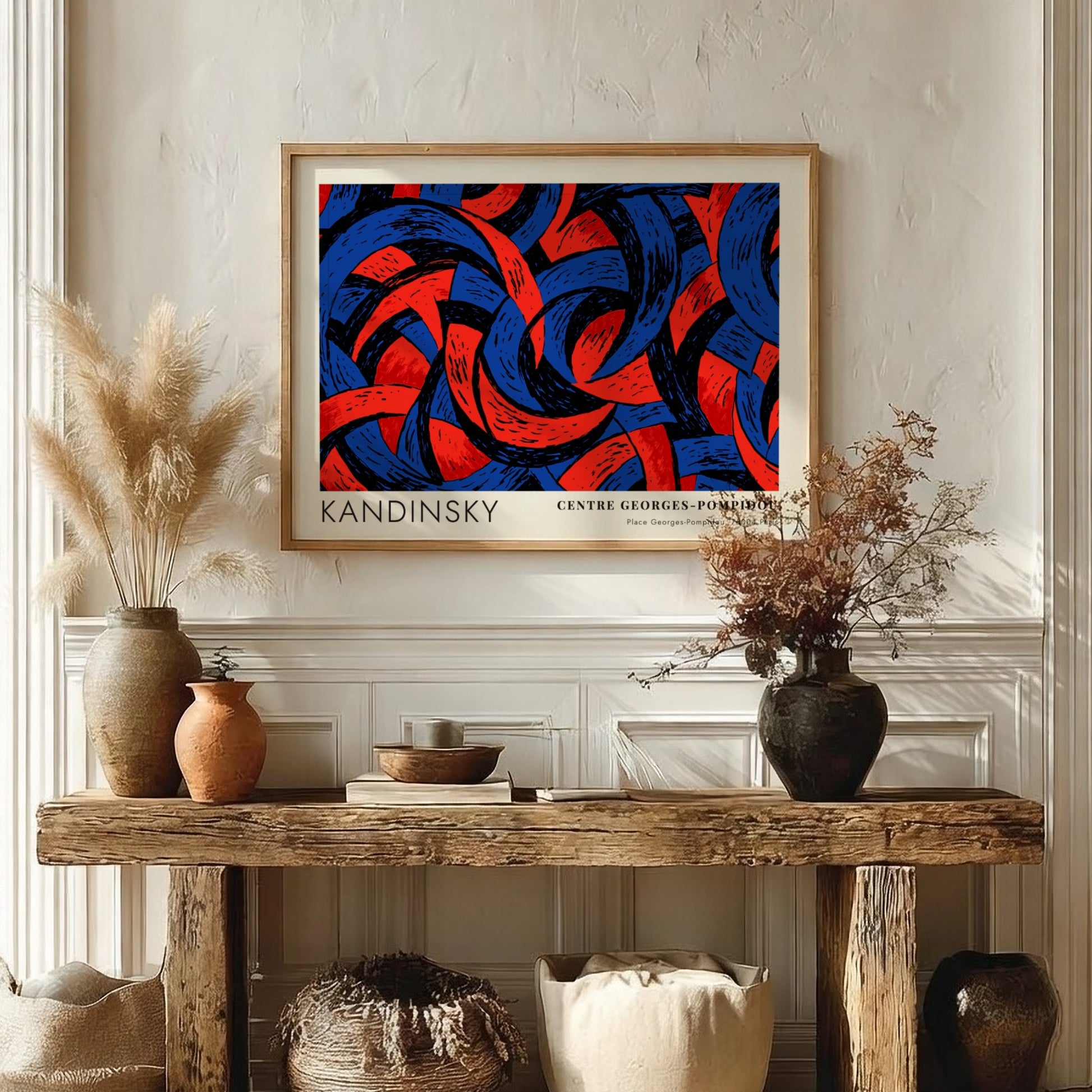 Wall art poster featuring Kandinsky abstract shapes in deep blue and red tones.