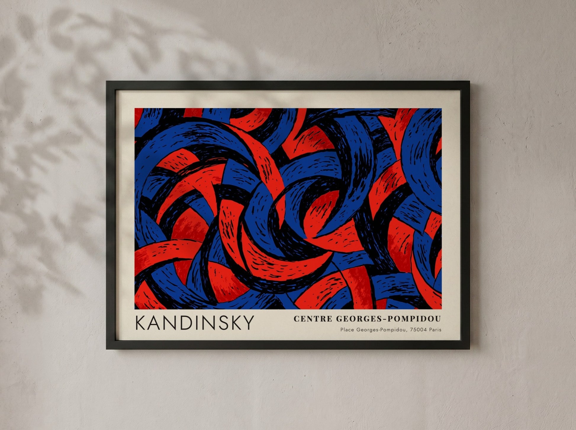 Wall art poster featuring Kandinsky abstract shapes in deep blue and red tones.