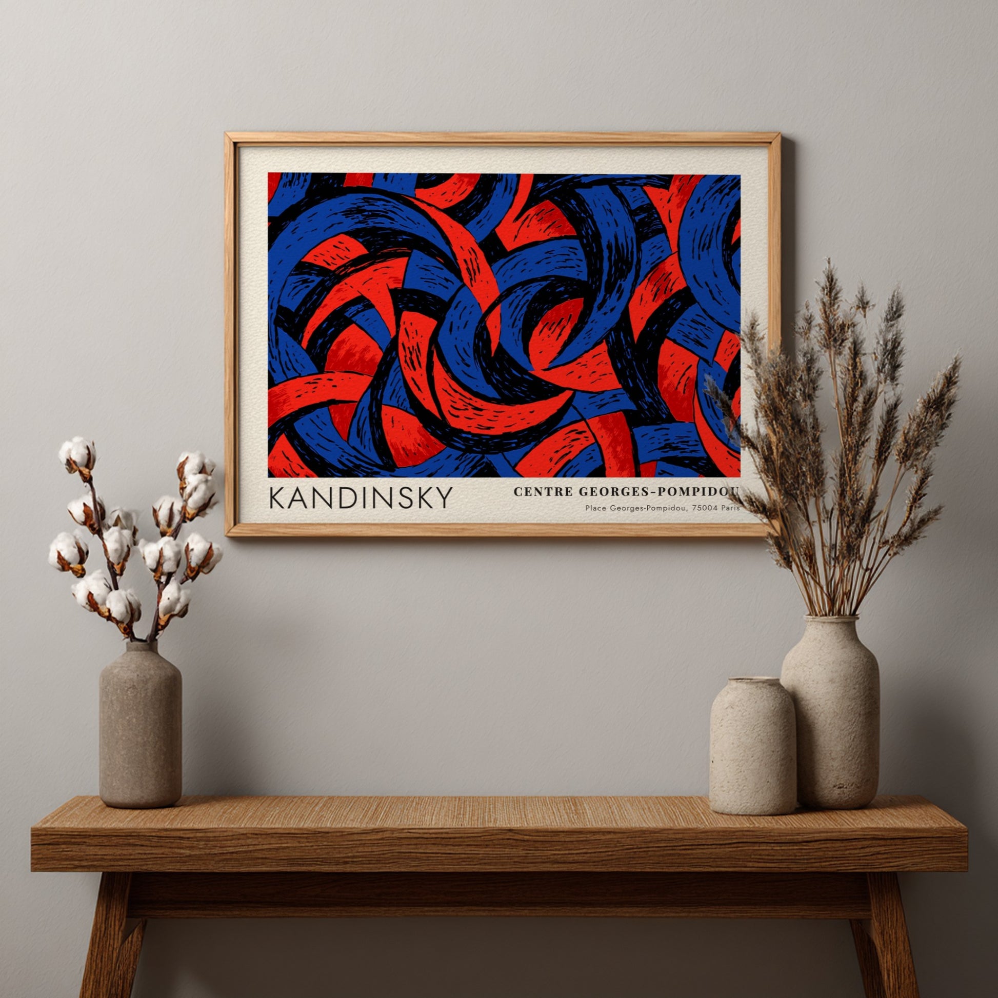 Wall art poster featuring Kandinsky abstract shapes in deep blue and red tones.