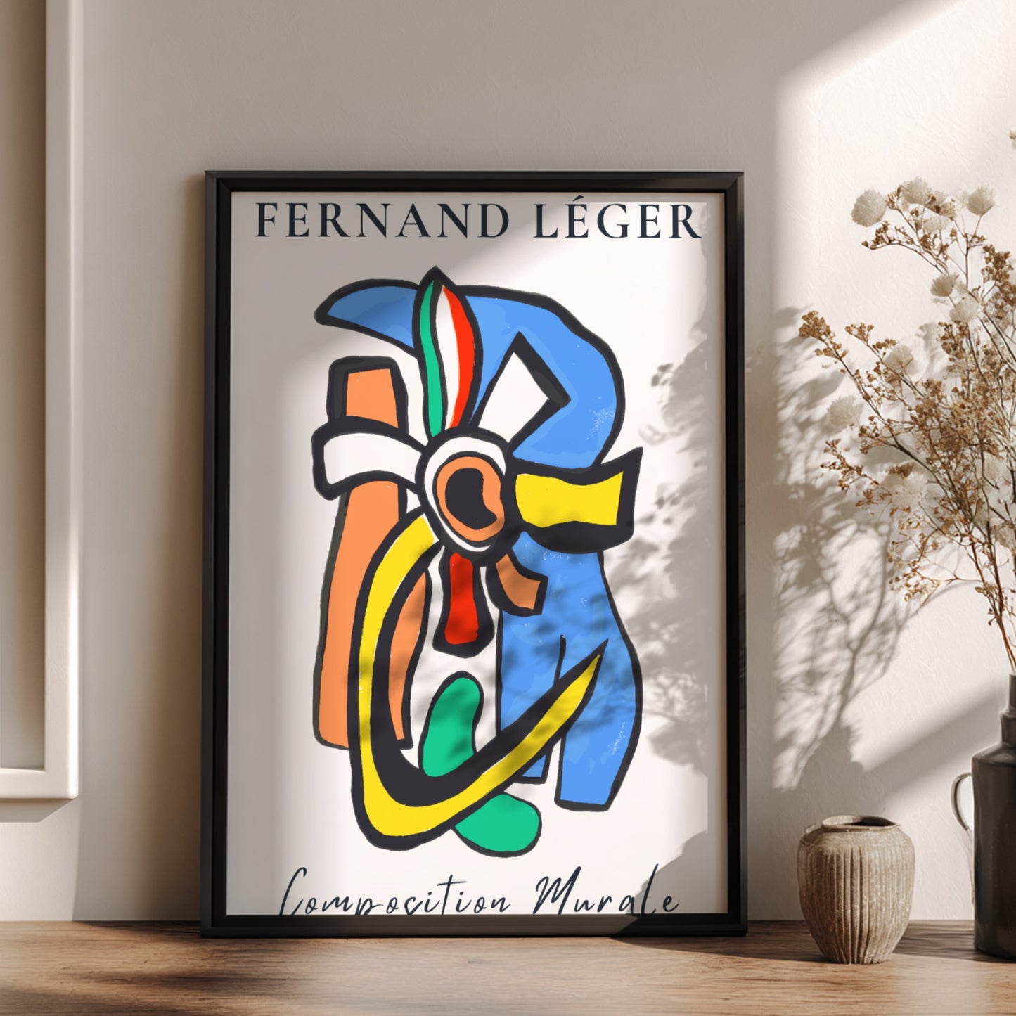 Poster of Fernand Léger's abstract artwork 'Composition Murale' with bold colors and shapes.