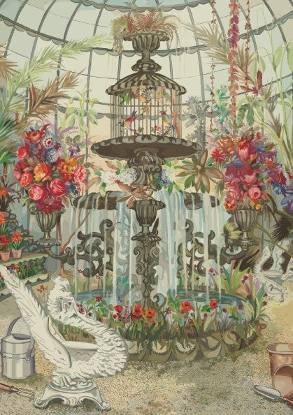 Vintage Conservatory Fountain poster featuring birds in a cage and abundant floral arrangements, watercolor